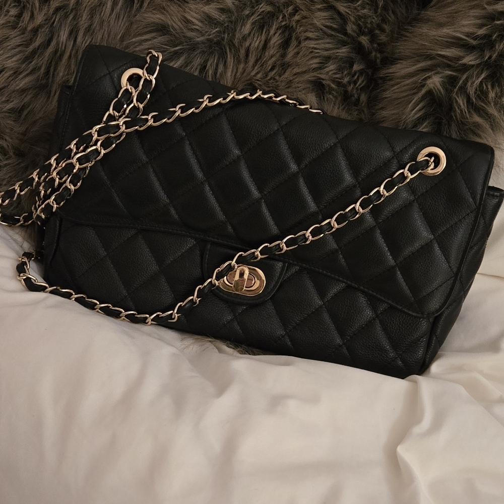 Black Genuine Grained Leather Inspired Shoulder Bag